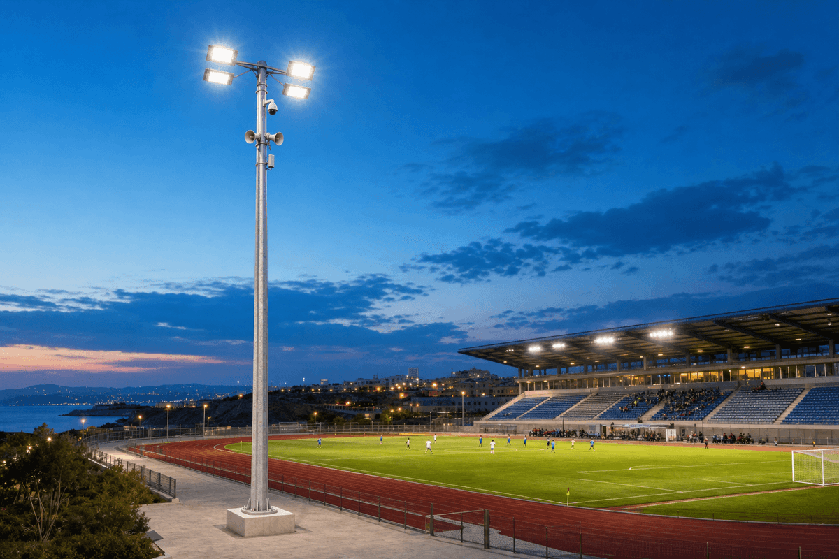 15m Sports Venue High-Mast Smart Pole — 4-in-1 LED + Camera + PA + WiFi