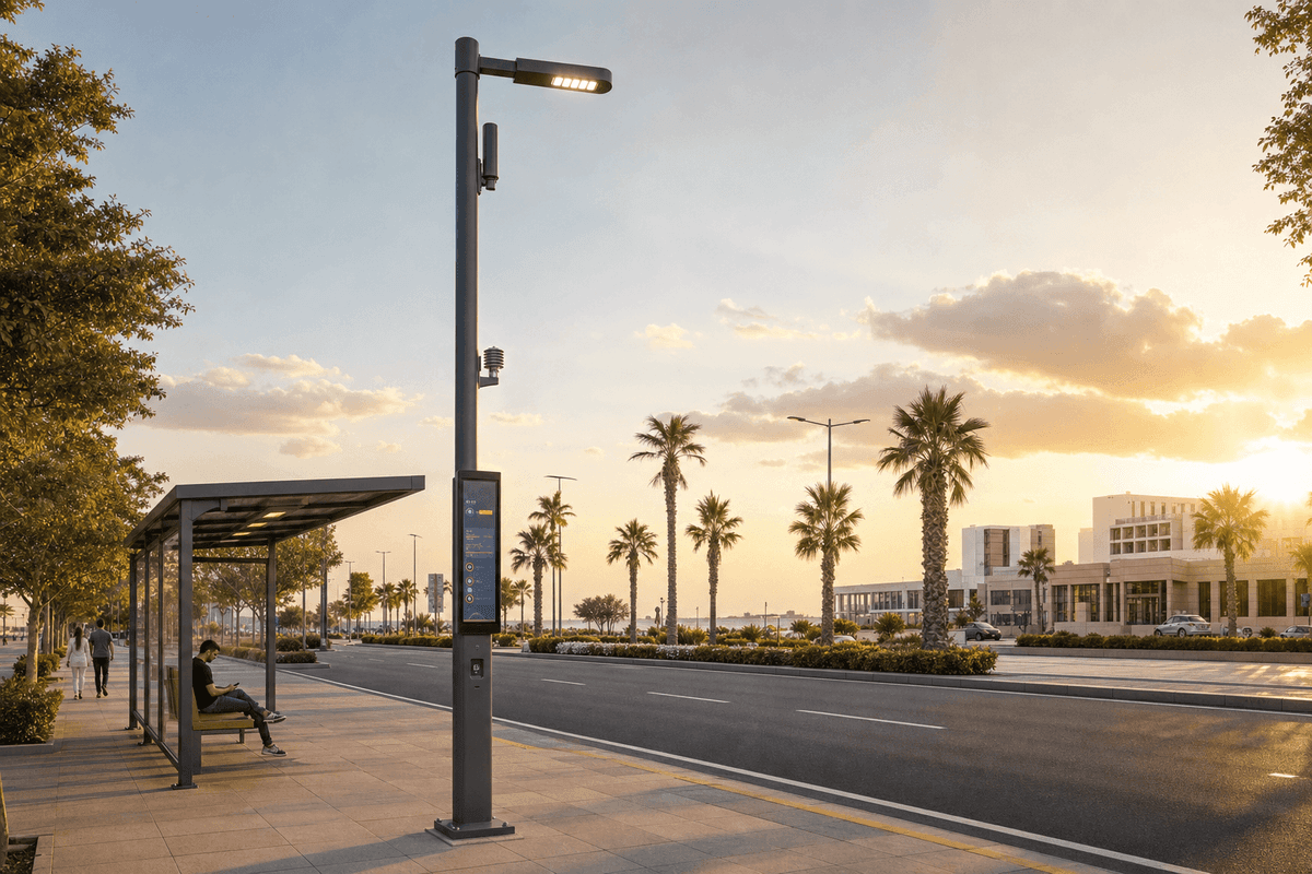 8m Bus Stop Smart Pole with Info Display - 5-in-1 Urban Node
