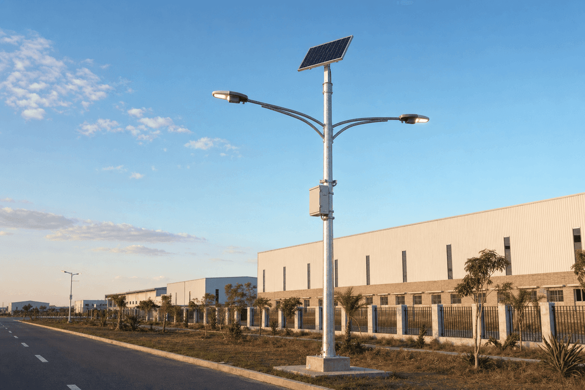 12m Industrial Split 150W Solar Street Light — Dual-Arm, 25,500 lm, 4-Day LFP Autonomy