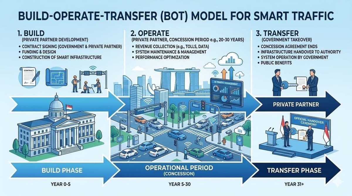 Build-Operate-Transfer BOT model infographic for smart traffic infrastructure investment