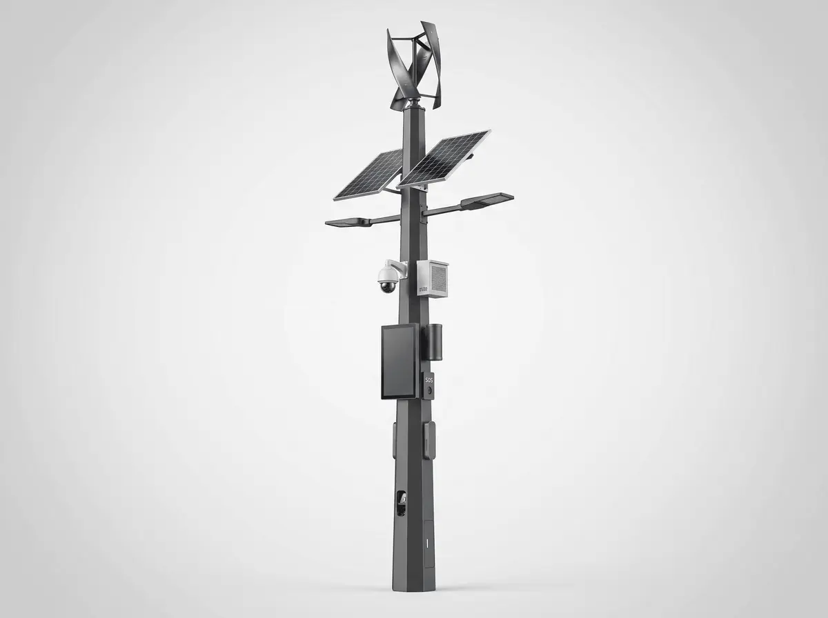 12m Wind-Solar Hybrid Smart Pole with VAWT + Monocrystalline + Welded EV Charging Base - 11-in-1 Hybrid Boulevard System