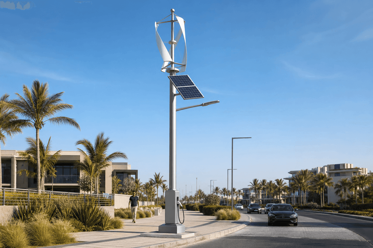 12m Wind-Solar Hybrid Smart Pole with VAWT + Monocrystalline + Welded EV Charging Base - 11-in-1 Hybrid Boulevard System deployed in an international application environment
