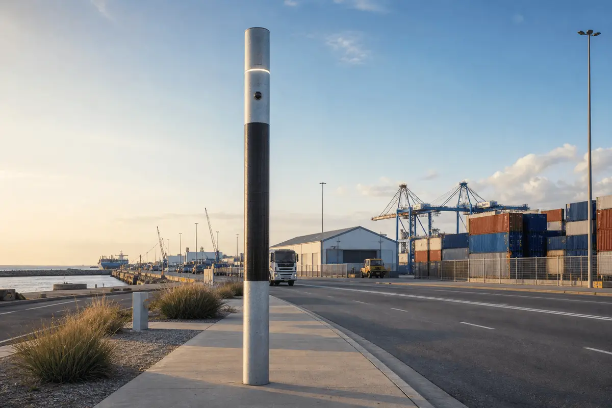 6m Ø200 Cylindrical CIGS Smart Pole · Industrial Port - 10-in-1 Flush-Integrated Infrastructure deployed in an international application environment