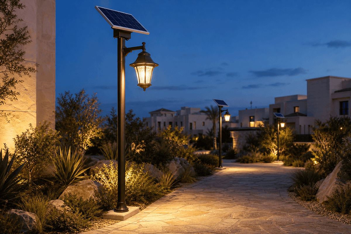 2.5m Residential Courtyard Garden Light 10W - 3-Day Solar LFP System deployed in an international application environment