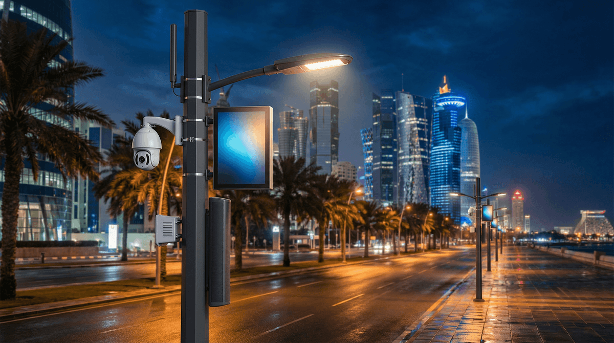 Smart Streetlight in Doha, Qatar: 147-Unit 8m Octagonal Poles with 100W/15000lm LEDs, PTZ Security, and 8-in-1 Environmental Sensing